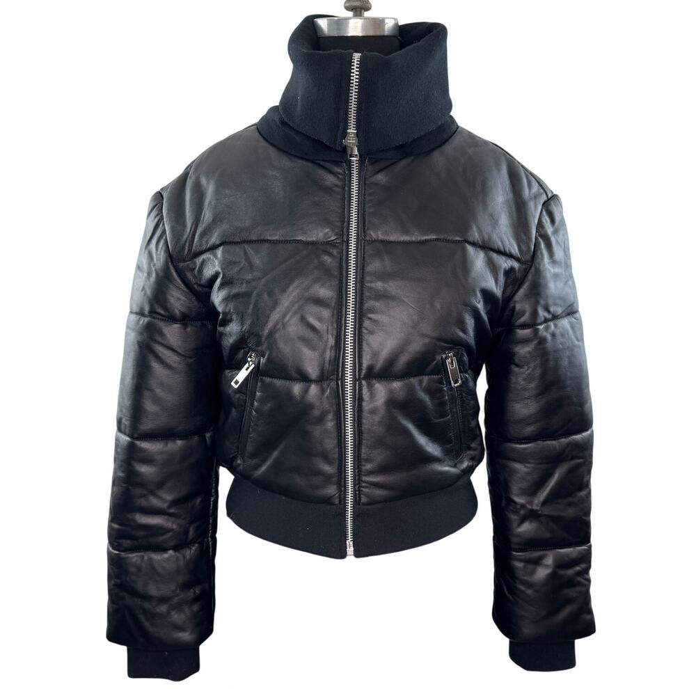 Walter Baker Laylah Black Crop Puffer Jacket Lamb Leather Full Zip Sz Small NEW